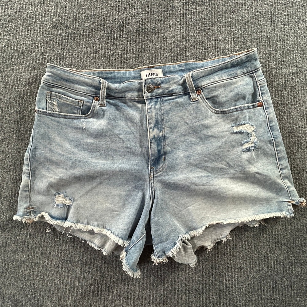 Pistola Light Wash Distressed Frayed Denim Shorts Plus Size 18W Raw High Rise
